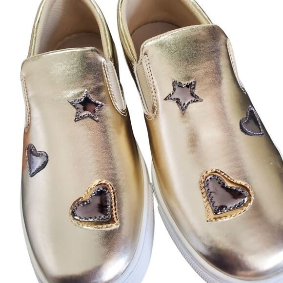 NEW Metallic gold sneakers with shiny heart & star embellishment / Womens 5 Shoe - Picture 3 of 9